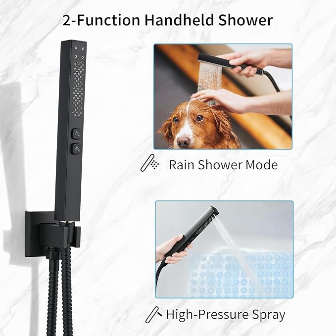 Shower Faucet Set Rainfall Shower System with Square Showerhead and Handle Set Fixture with 2 in 1 Function Handheld Sprayer Wall Mounted Trim Repair Kit Rough-in Valve 8 Inch Matte Black