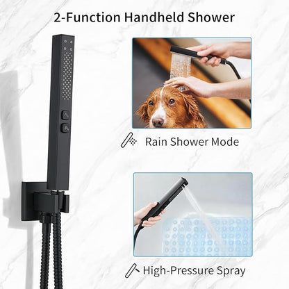 Shower Faucet Set Rainfall Shower System with Square Showerhead and Handle Set Fixture with 2 in 1 Function Handheld Sprayer Wall Mounted Trim Repair Kit Rough-in Valve 8 Inch Matte Black
