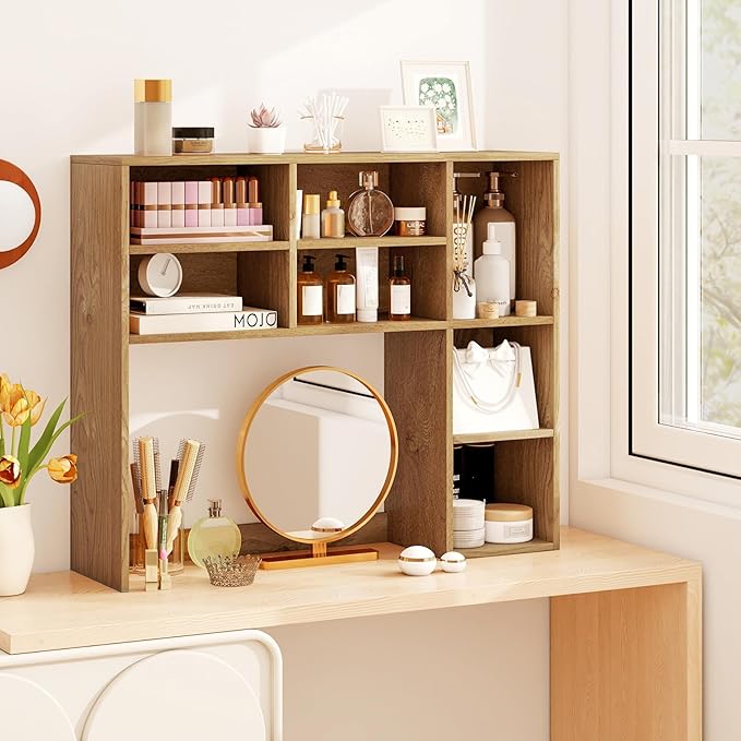 Desk Hutch, Desktop Shelf with 7 Shelves, Desk Bookshelf w/Anti-Toppling Devices, Wood Table Top Bookshelf Organizer, Small Desk Shelf for Study, Office, Dorm (Natural, 7 Shelves)