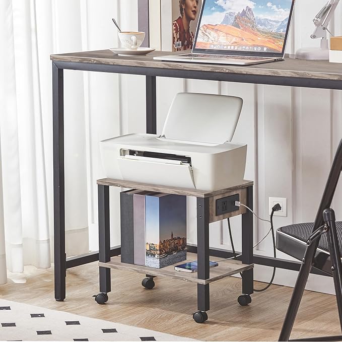 HOOBRO 2-Tier Printer Stand with Charging Station, Under Desk Printer Table, Printer Cart with Storage Shelves, Shelf for Small Spaces, for Home Office, Greige and Black BG38UPS01