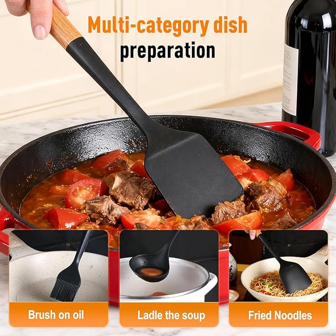 Cedar and Ash Spoon,Cedar and Ash Spoonula,Multifunction Spatula Cooking Spoon, Matte Kitchen Silicone Utensil for Cooking Serving (Black 2pcs)