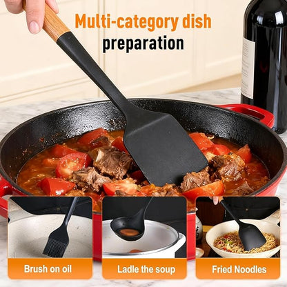 Cedar and Ash Spoon,Cedar and Ash Spoonula,Multifunction Spatula Cooking Spoon, Matte Kitchen Silicone Utensil for Cooking Serving (Black 2pcs)