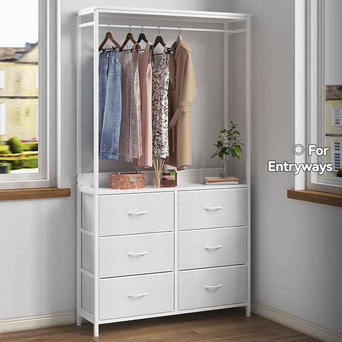 6 Dresser Drawer with Hanging Rack, 2-in-1Tall Dresser for Bedroom/Closet, Fabric Dressers & Chests of Drawers, Sturdy Alloy Steel Frame, Space Saving Closet Organizer