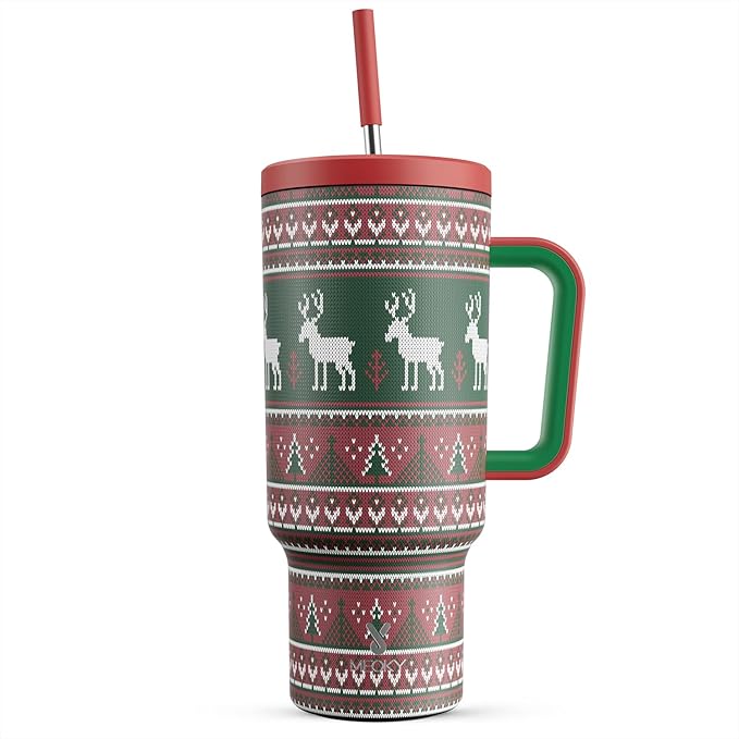 Meoky 40 oz Christmas Tumbler with Handle and Straw, Xmas Tumbler with Lid and Straw, Insulated Stainless Steel Travel Mug, Christmas Gifts for Women Men Adults (Jolly Reindeer)