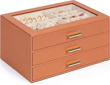 AKOZLIN Jewelry Box with Clear Lid Functional Leather Jewelry Storage Organizer Case 3 Drawers for Women Girls Necklace Ring Bracelet Earring