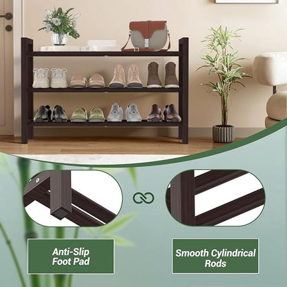 Haddockway Bamboo Shoe Rack for Closet, Free Standing Shoe Organizer with Smooth Round Rods & Convenient Handles, Stackable Shoe Storage Shelf for Entryway, Hallway(Brown, 3-Tier)