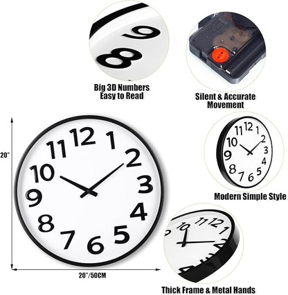 Keepcross 20 Inch Large Wall Clock Battery Operated Silent Non-Ticking, 3D Big Numbers Easy to Read, Analog Quartz Round Clock