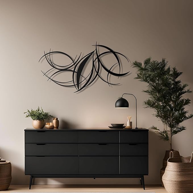 pluviart Modern Abstract Metal Wall Art – Black Curved Lines Sculpture for Living Room, Bedroom or Office – Large 3D Contemporary Home Decor – Minimalist Iron Wall Accent (40”x23”)