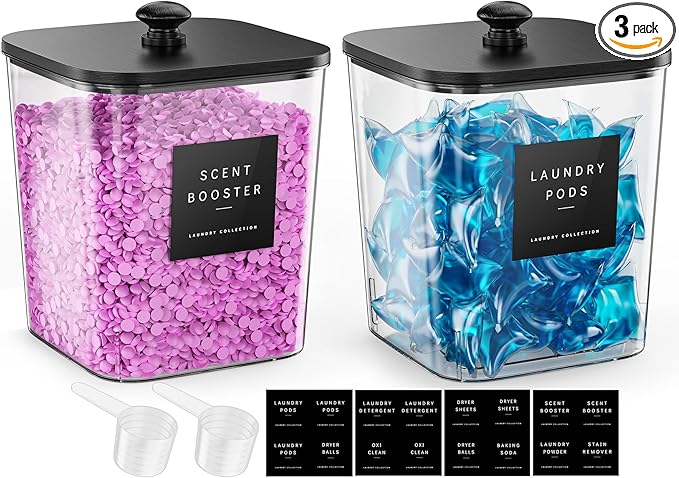Moforoco 2 Pcs Laundry Pods Container, Clear Laundry Room Organization Containers,Large Detergent Powder Storage, Black Wooden Lids & Labels