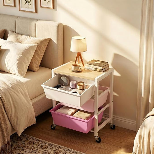 Rolling Cart with 3 Drawers, Plastic Drawer Storage Carts with Lockable Wheels & Wooden Tabletop, Metal Art Craft Utility Cart Organizer for Home Office Bedroom Dorm Bedside Classroom, Bright Pink