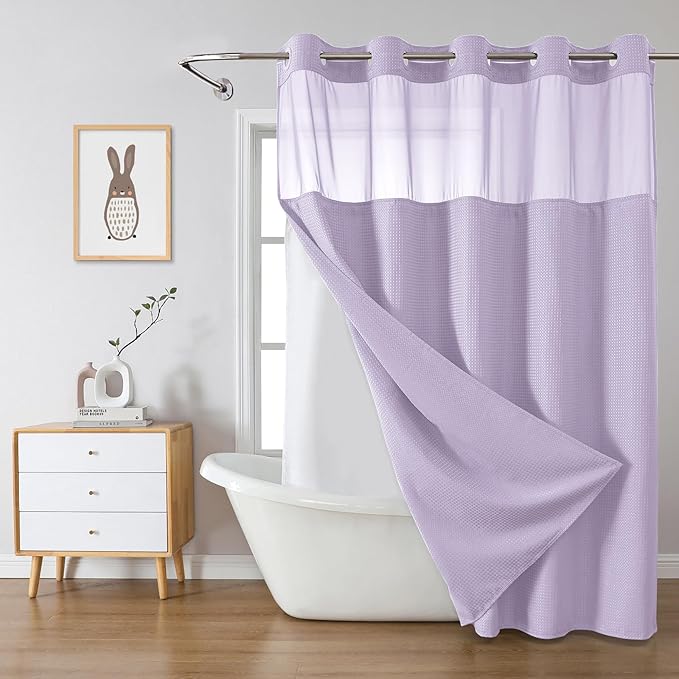 Lavender No Hook Waffle Weave Shower Curtain with snap-in Liner Replacement, 230GSM Waterproof Fabric Hotel Shower Curtain Set for Bathroom, Through Mesh Top Window,71Wx77H