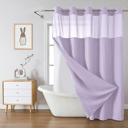 Lavender No Hook Waffle Weave Shower Curtain with snap-in Liner Replacement, 230GSM Waterproof Fabric Hotel Shower Curtain Set for Bathroom, Through Mesh Top Window,71Wx77H