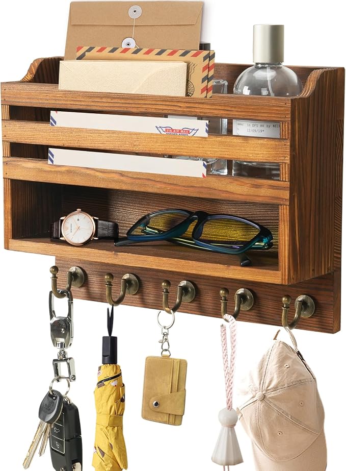 Mail and Key Organizer for Wall – Key Holder Wall Mount with Storage Box and 5 Key Hooks, Mail Holder Wall Mounted for Entryway, Apartment, Office, Home Decor Organization (Brown)