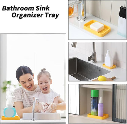 MicoYang Silicone Kitchen Sink Organizer Tray for Multiple Usage,Easy Clean Sponges Holder for Kitchen Bathroom Counter or Sink,Dish Soap Dispenser,Scrubber,Bottle,Cup Yellow 4.9”x 3.2”