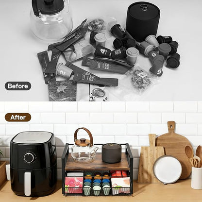 Tea Bag Organizer Holder, Wood Tea Box Organizer with 6 Compartments Storage Drawer, Rustic Brown Tea Station Chest, Countertop Display Storage Container Box for Kitchen Tea Station Chest
