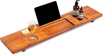 Teak Bathtub Tray for Freestanding Bath, 39" Extra Thick Adjustable Spa Caddy - Non-Slip Anti-Tip Wood Organizer for iPad, Wine & Book - Artisan Natural Finish, Perfect Self-Care Gift