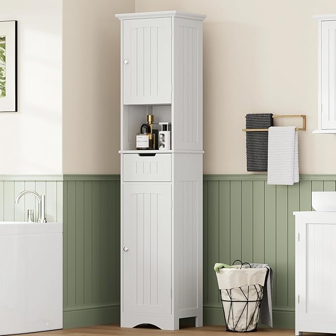 ChooChoo 67" Tall Bathroom Storage Cabinet, Narrow Bathroom Cabinet with 2 Doors and 1 Drawers, Freestanding Cupboard Floor Cabinet with Adjustable Shelves for Living Room, Kitchen, White