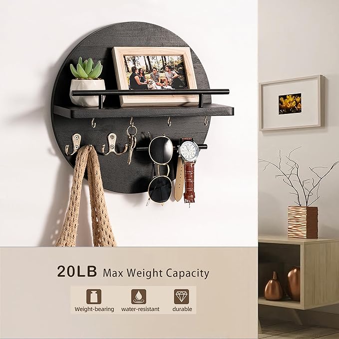 Key Holder for Wall Decorative with Shelf and Hooks, Mail Organizer Wall Mount, Circular Design Entryway Key Rack Hanger, Rustic Home Decor (Black)