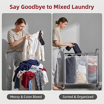 ROMOON Laundry Sorter Hamper 3 Section, Divided Laundry Basket Organizer with Heavy Duty Lockable Wheels and Removable Bags, Rolling Clothes Hamper for Apartment, Dorm & Family (135L Neutral Gray)