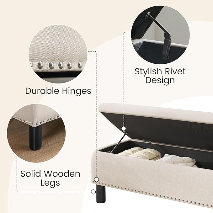 Furniliving Large Storage Ottoman, Beige, Wood Frame, Linen Fabric, 285 Lbs Capacity