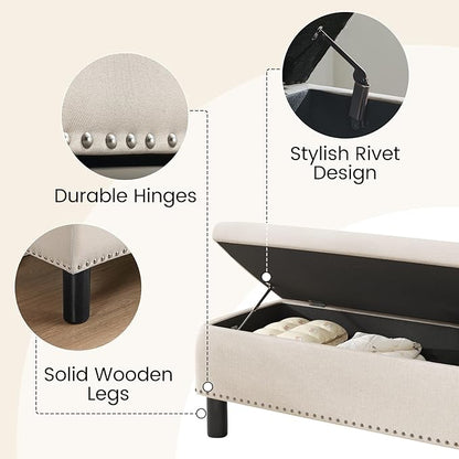 Furniliving Large Storage Ottoman, Beige, Wood Frame, Linen Fabric, 285 Lbs Capacity
