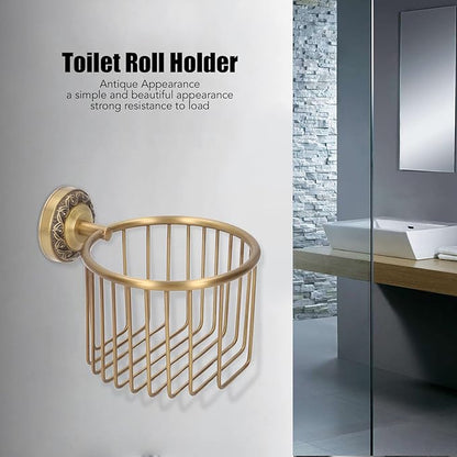 Antique Toilet Paper Holder Basket, Brass Antique Toilet Paper Holder Wall Mounted with Stable Metal Stand, Vintage Bathroom Decor Toilet Roll Holder with Shelf, Tissue Paper Roll Dispenser