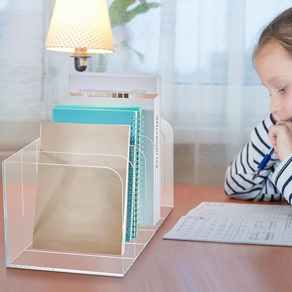Suzile Clear Acrylic Magazine File Holder with Vertical Compartments Desk Organizer Book Rack for Desk Sorter Paper Folder Office Accessories(Clear,14.2 x 7.2 x 6.5 Inch)