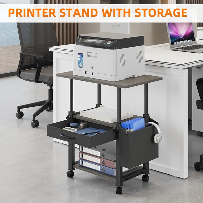 YAOHUOO 22"x15" Large Printer Stand with Drawer, 3-Tier Rolling Table Cart | Storage Drawer and Side Bag,Height Adjustable Cart,Fit printer/fax/3d/scanner,4 lock wheels or feet,Gray