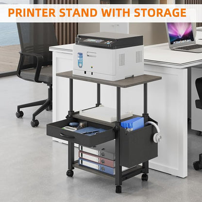YAOHUOO 22"x15" Large Printer Stand with Drawer, 3-Tier Rolling Table Cart | Storage Drawer and Side Bag,Height Adjustable Cart,Fit printer/fax/3d/scanner,4 lock wheels or feet,Gray