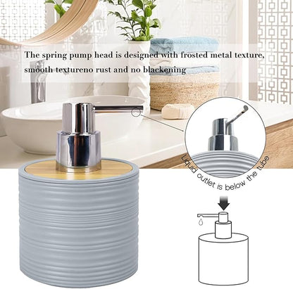 CERBIOR Bathroom Accessories Set 6 Piece Bamboo Bath Ensemble Includes Soap Dispenser, Toothbrush Holder, Toothbrush Cup, Soap Dish for Decorative Countertop and Housewarming Gift, Sriral Grey