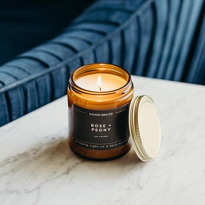 Calyan Wax Co. Rose & Peony Scented Candle - 57 Hour Burn - Luxury Non Toxic Soy Wax Candles - Long Lasting Amber Glass Jar Candle for Home - 7.2oz