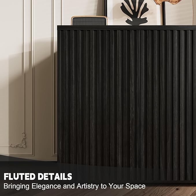 Rophefx Fluted Sideboard Cabinet, 126" Buffet Cabinet with Storage, Credenza Storage Cabinets with Adjustable Shelf, Wood Entryway Cabinets with Pop-up Doors for Living Room, Entryway, Black Grey