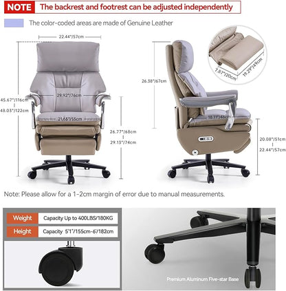 EMIAH Ergonomic Office Chair with Foot Rest Electric Executive Office Chair Reclining with Massage Big and Tall High Back Computer Chair with Wheels, Genuine Leather (Light Khaki)