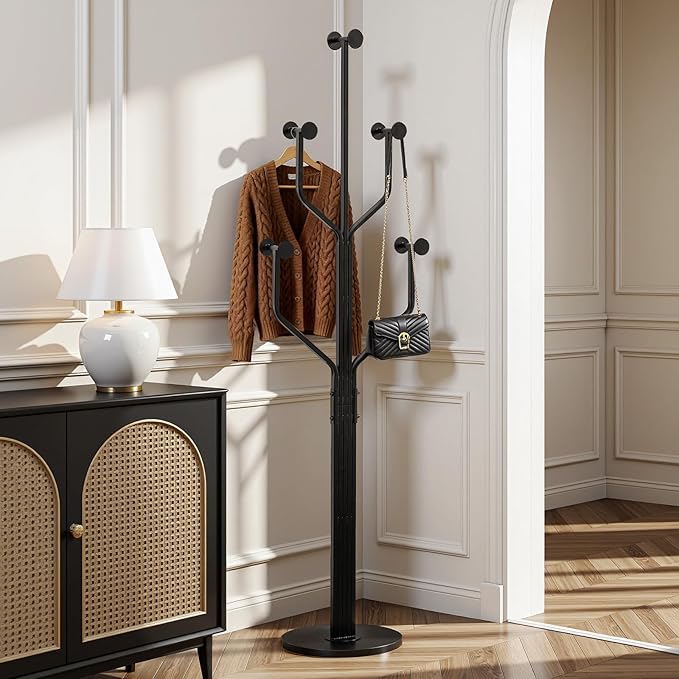 Coat Rack Freestanding with 10 Hooks, Metal Coat Rack Stand, Heavy Duty Standing Coat Tree with Sturdy Round Base for Clothes, Hat, Jacket/Entryway, Hallway, Bedroom, Black
