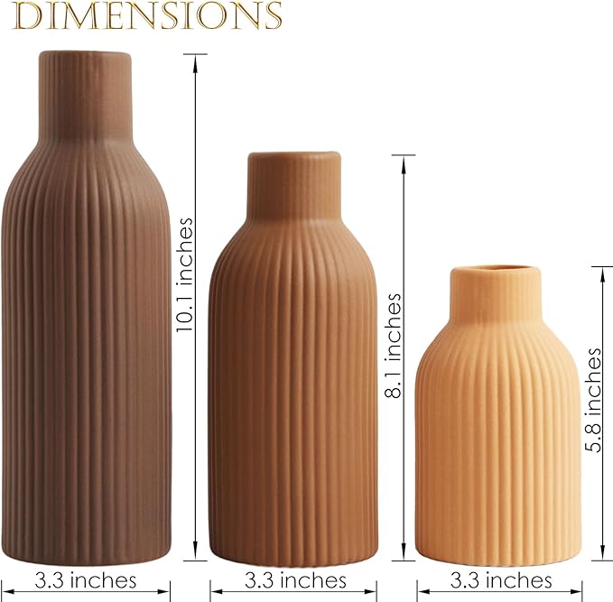 Ceramic Vase Set of 3 - Handcrafted Ceramic Vases for Home Decor & Shelf - Modern Farmhouse Decor for Kitchen, Office, Bedroom & Living Room Decorative Objects for Mantel, Table Centerpieces