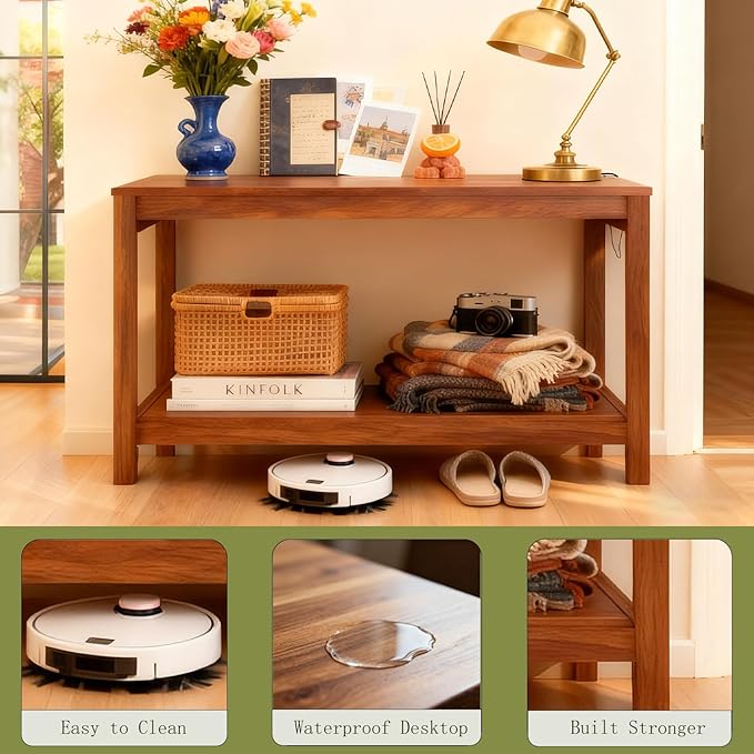 47" Entryway Table, Narrow Console Sofa Table, with Outlets and USB-C Port, Entryway Table with Open Storage, for Living Room, Hallway, Entryway, Foyer, Kitchen Counter, Golden Walnut