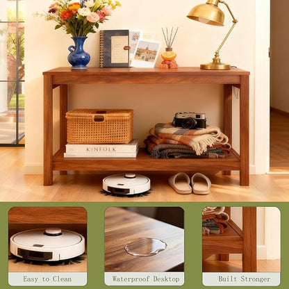 47" Entryway Table, Narrow Console Sofa Table, with Outlets and USB-C Port, Entryway Table with Open Storage, for Living Room, Hallway, Entryway, Foyer, Kitchen Counter, Golden Walnut