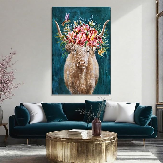 ZENPEE Abstract Modern Animal Wall Decor, Blue Highland Cow Wall Art, Rustic Farmhouse Canvas Decoration for Living Room or Bedroom, 32" x 48"
