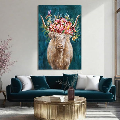 ZENPEE Abstract Modern Animal Wall Decor, Blue Highland Cow Wall Art, Rustic Farmhouse Canvas Decoration for Living Room or Bedroom, 32" x 48"