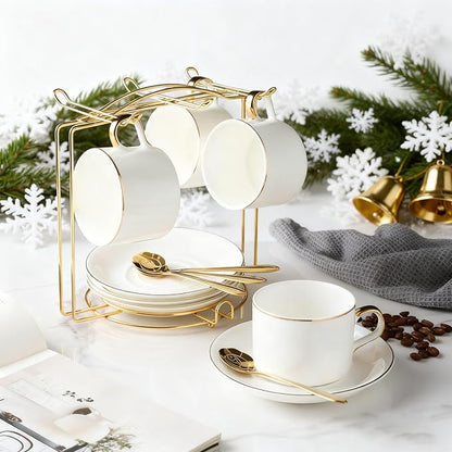 Tea Cups and Saucers Holder,Metal Tea Cups Coffee Cups Rack,Organizer for Coffee Cup Spoon and Saucers (Gold)