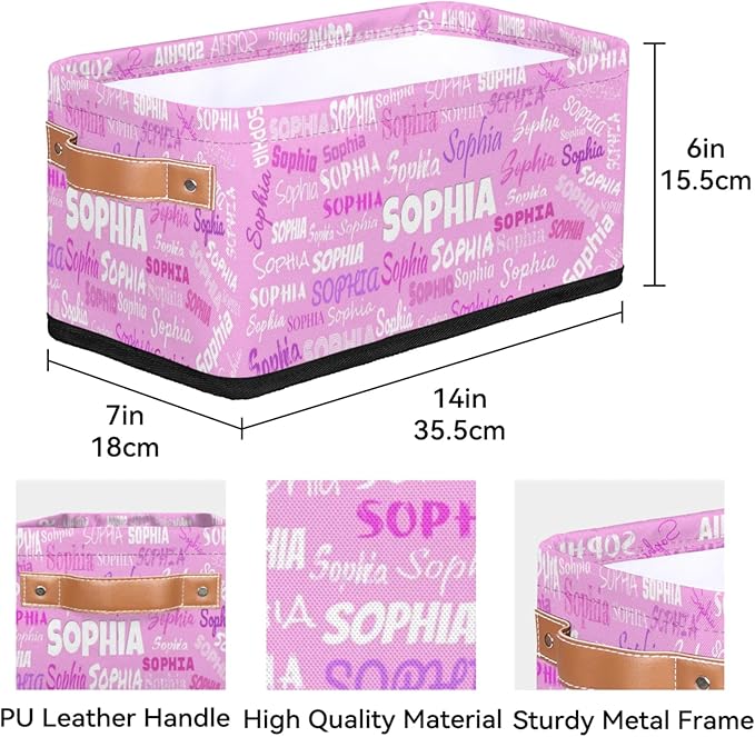 Personalized Small Storage Basket with Name, Pet Kids Toys Storage Bin with Handles for Shelf Home Closet Kitchen Countertop, Bright Pink Background with Colorful Names
