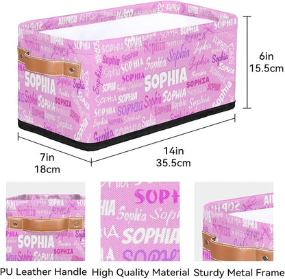 Personalized Small Storage Basket with Name, Pet Kids Toys Storage Bin with Handles for Shelf Home Closet Kitchen Countertop, Bright Pink Background with Colorful Names