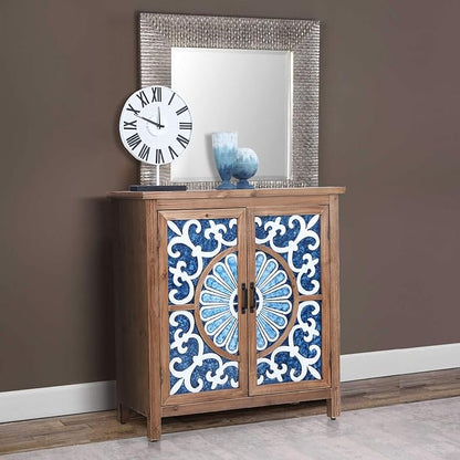 Sophia & William 2-Door Accent Cabinet, Distressed Decorative Storage Cabinet with Wood Frame and Blue and White Floral Pattern for Entryway Hallway Lvinig Room