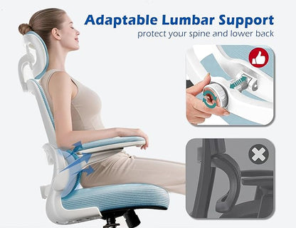 TRALT Ergonomic Office Chair - Desk Chair with Adjustable Headrest Lumbar Support Computer Chair - Mesh Comfy Chair with Flip-up Armrests - Gaming Chairs for Adults Home Office (PU Leather, Blue)