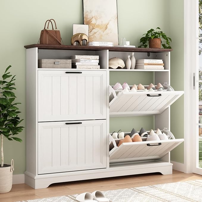 Shoe Storage Cabinet with 4 Flip Drawers, Farmhouse Modern Hidden Shoes Rack Cabinet with Adjustable Shelves & Open Storage, Narrow Slim Shoe Organizer for Front Door Entrance, Entryway, Antique White