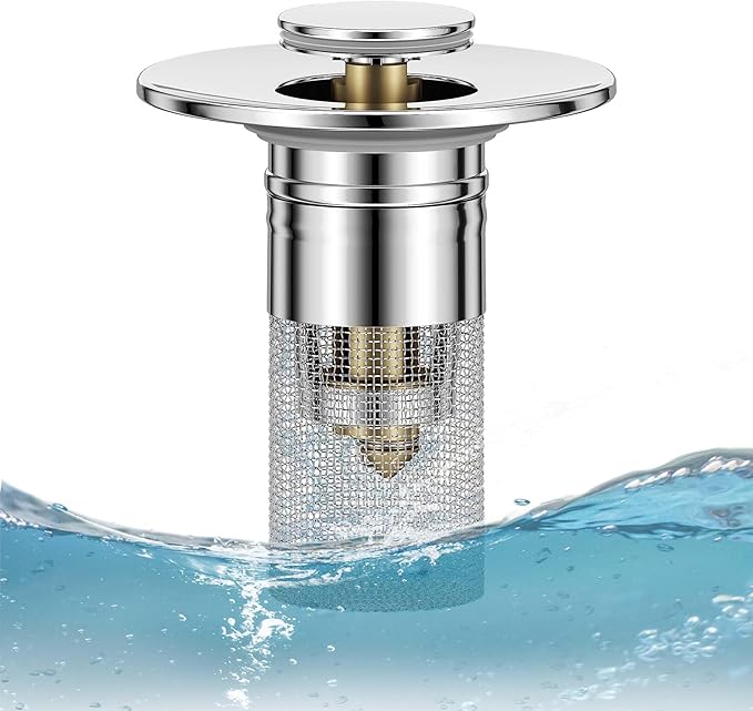 Bathroom Sink Drain Stopper for US Universal Replacement, Pop Up Drain for Bathroom Sink with Stainless Steel Filter Basket Hair Catcher, Sink Drain Strainer for 1.1-1.45 Inch