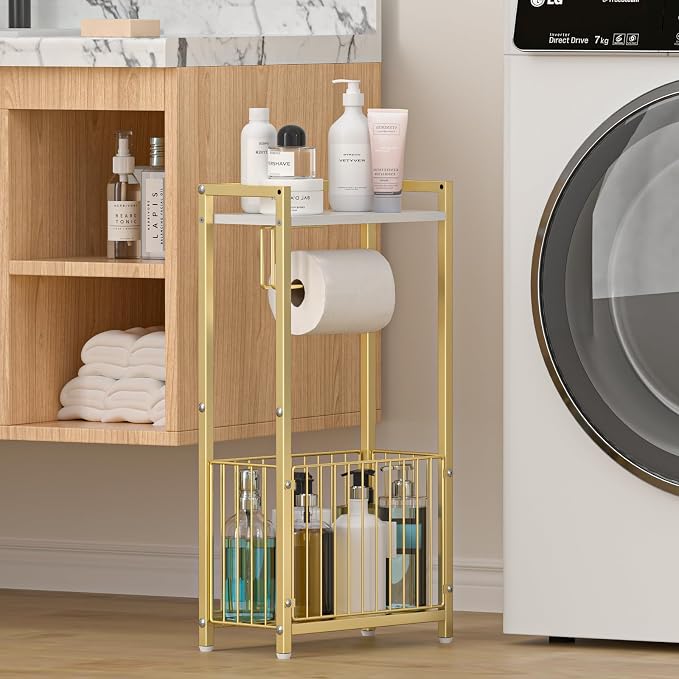 Freestanding Toilet Paper Holder with Storage Shelf – Bathroom Tissue Stand with Space for Phone, Rolls, and Magazines – All-in-One Toilet Roll Dispenser and Organizer (Gold)
