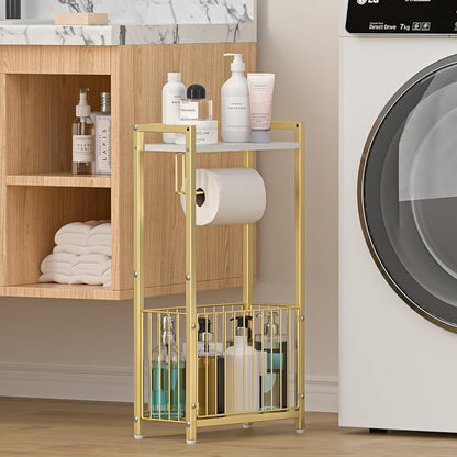 Freestanding Toilet Paper Holder with Storage Shelf – Bathroom Tissue Stand with Space for Phone, Rolls, and Magazines – All-in-One Toilet Roll Dispenser and Organizer (Gold)