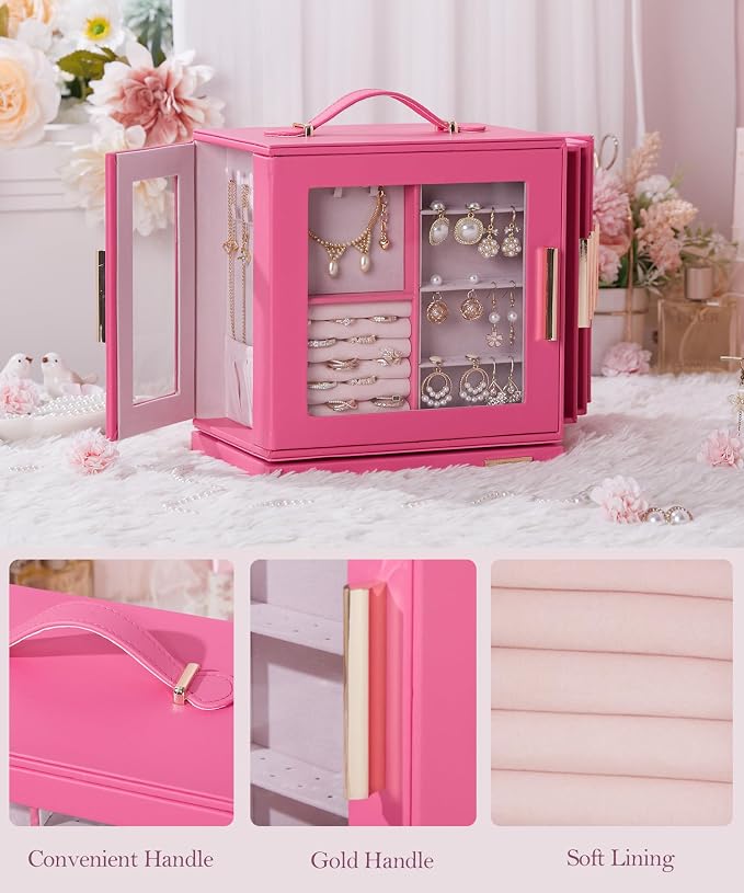 Homde Jewelry Box 360° Rotating, Necklace Earring Organizer with Transparent Window, Mirror, 7 Drawers, Large Ring Display Storage Case for Girls Women (Pink)