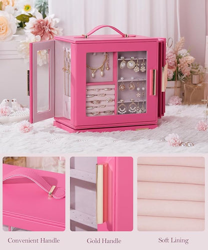Homde Jewelry Box 360° Rotating, Necklace Earring Organizer with Transparent Window, Mirror, 7 Drawers, Large Ring Display Storage Case for Girls Women (Pink)